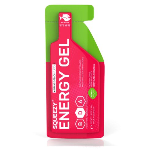 SQUEEZY Energy Gel med appelsin- og ferskensmak, praktisk energipåfyll for mosjonister og idrettsutøvere.