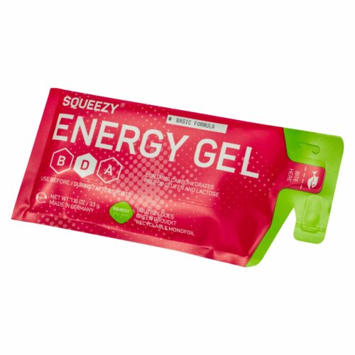 Squeezy Energy Gel i en rosa og grønn emballasje, designet for å gi rask energi under trening og konkurranser