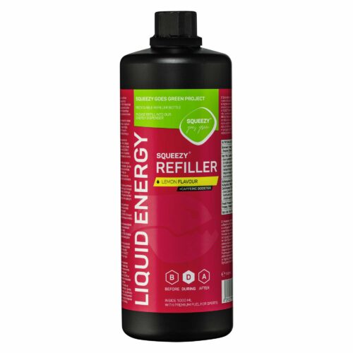 Squeezy Refiller Liquid Energy Gel 1000ml sitronsmak og koffein – ideell energigel for utholdenhetstrening.