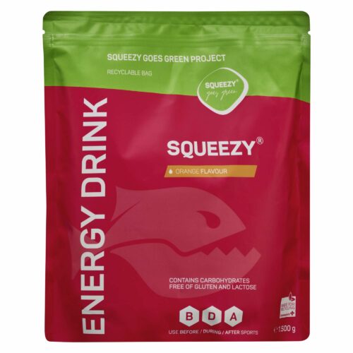 Squeezy sportsdrikk med appelsinsmak i miljøvennlig emballasje, en sportsdrikk som gir energi og er fri for gluten og laktose